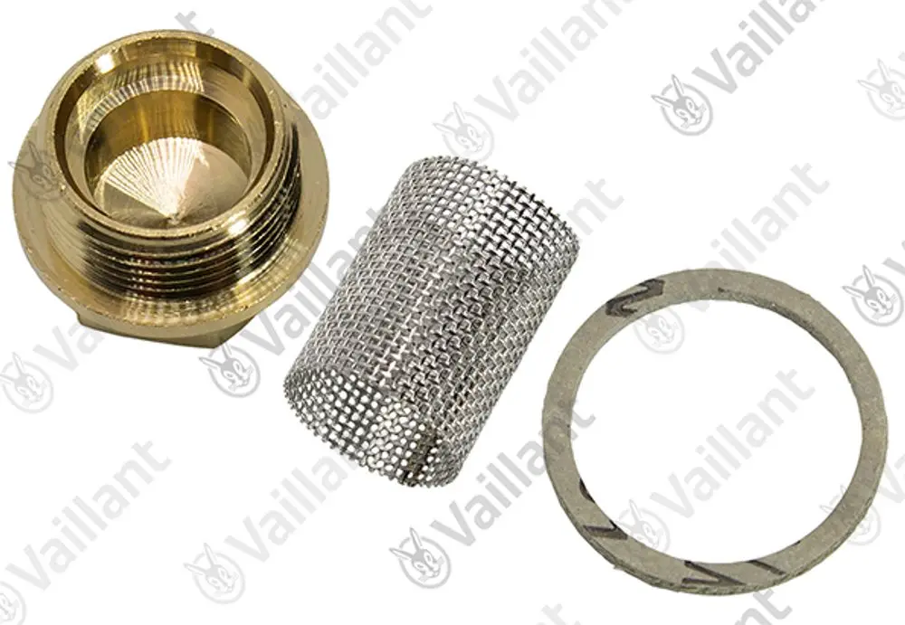 Vaillant Wassersieb-Set bestehend aus einer Metallschraube, einem feinen Drahtgitter und einer Dichtung, zur Sicherstellung der Wasserfilterung in Heizsystemen.